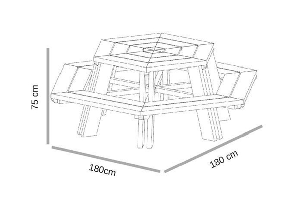 Table de pique-nique hexagonale avec bancs en bois