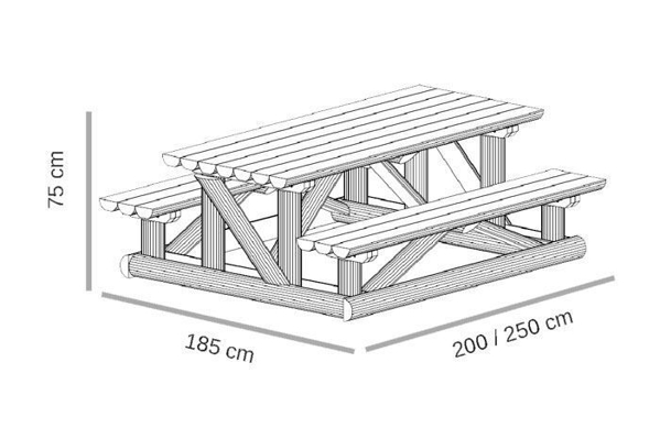 Foto de La mesa de jardín con bancos en 1/2 baúles de madera