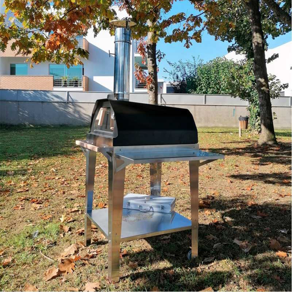 Picture of black Brasa pizza oven with trolley stand