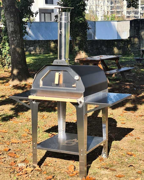 Picture of black Brasa pizza oven with trolley stand