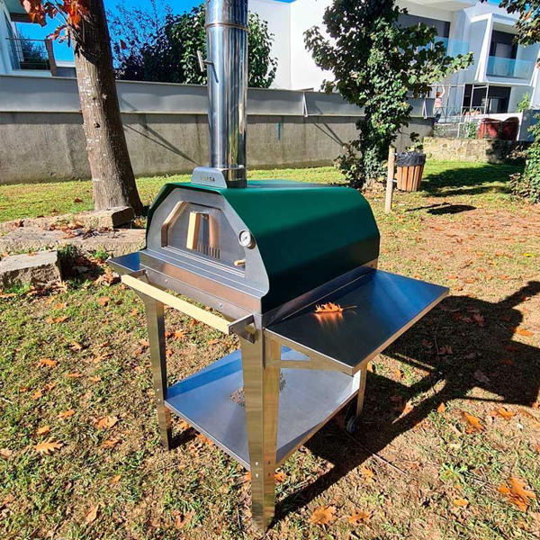 Picture of green Brasa pizza oven with trolley stand