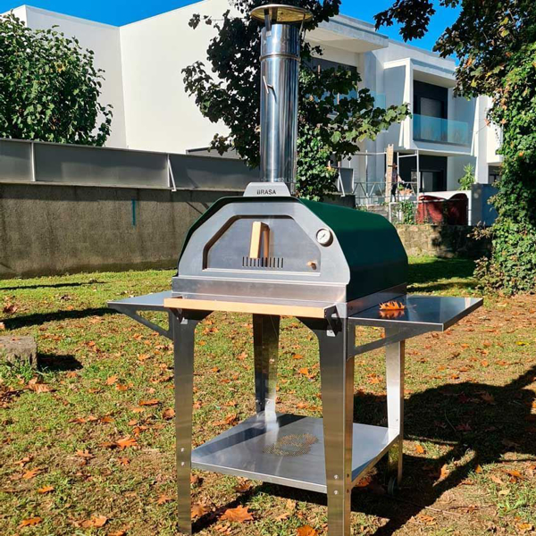 Picture of green Brasa pizza oven with trolley stand