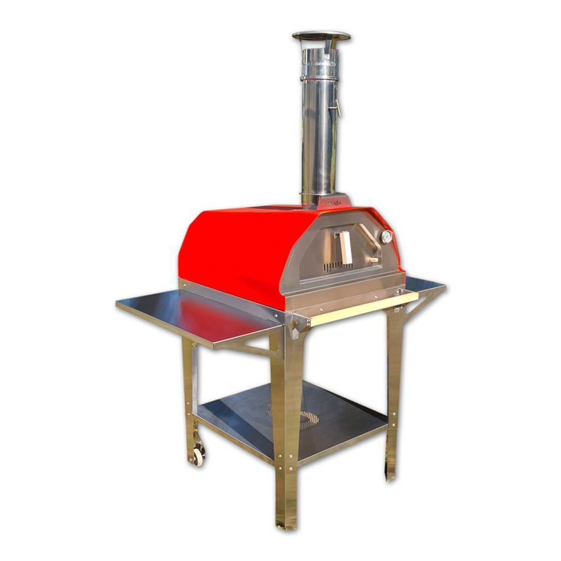 Picture of red Brasa pizza oven with trolley stand