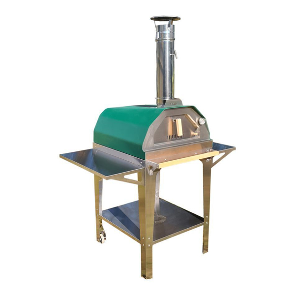 Picture of green Brasa pizza oven with trolley stand