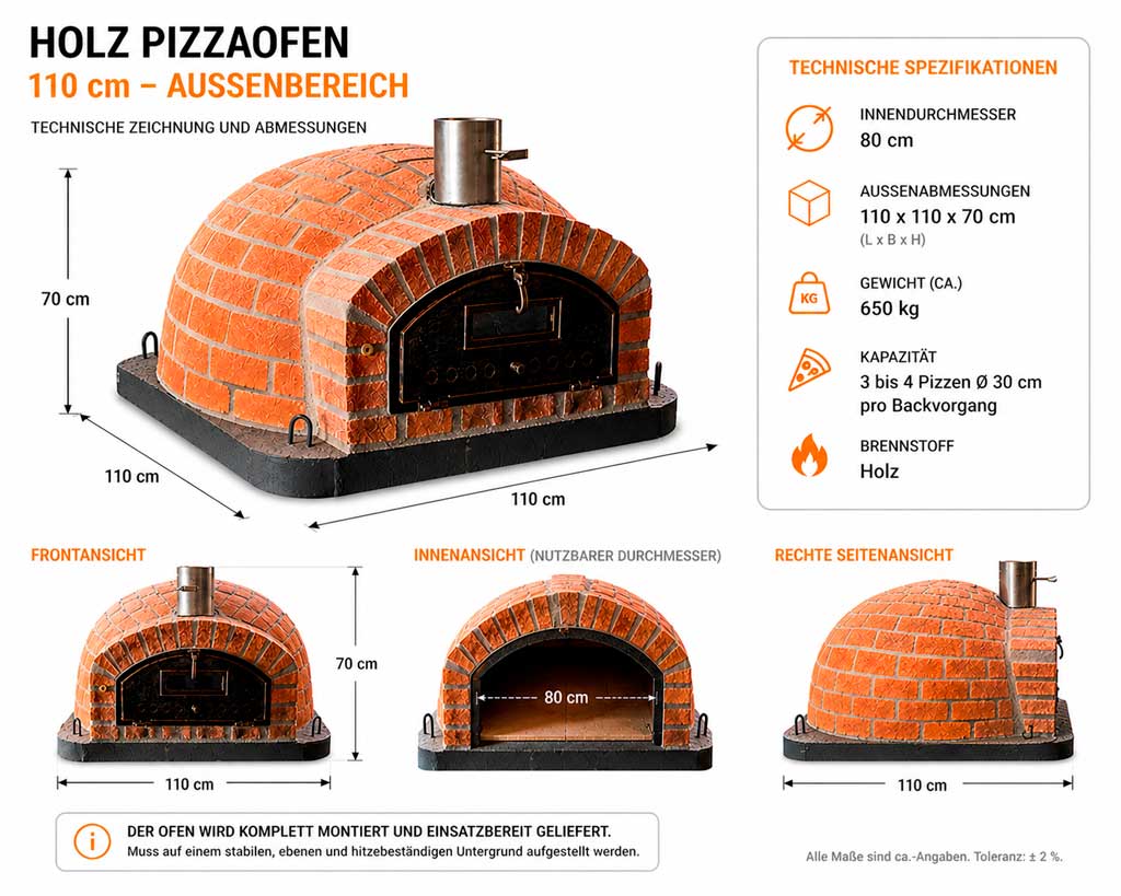 Holz Pizzaofen 110 cm Maße und technische Daten
