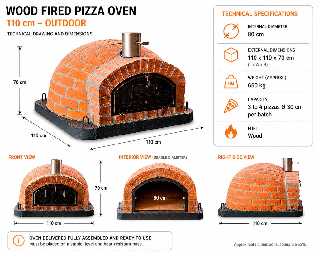 Wood fired pizza oven 110 cm dimensions and technical specifications
