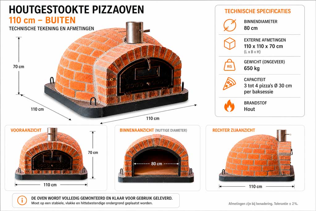Houtgestookte pizzaoven 110 cm afmetingen en specificaties